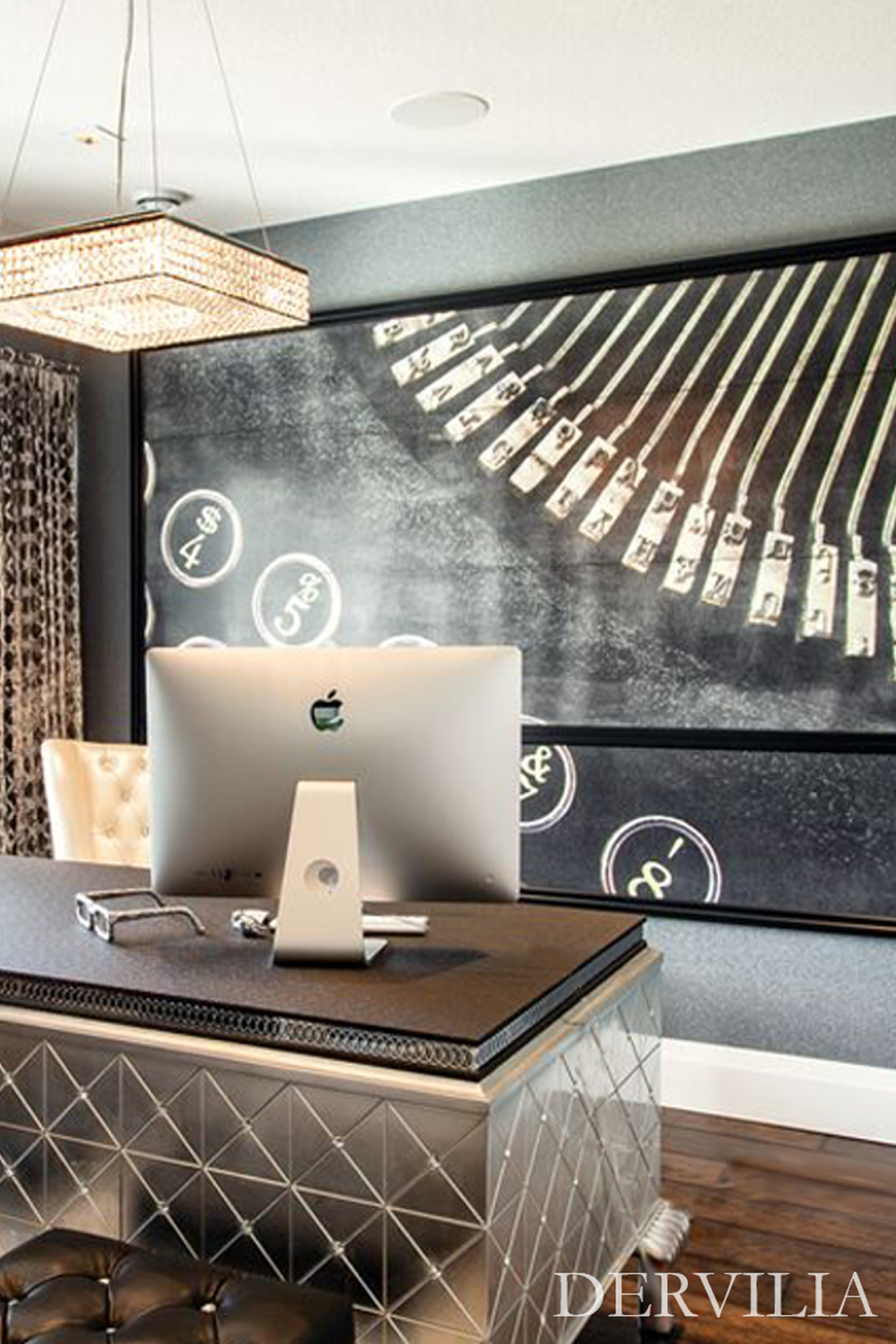 Executive workspace featuring a sculptural desk and a large-scale graphic artwork behind it, using art and material contrast to define a focused, design-led office interior.